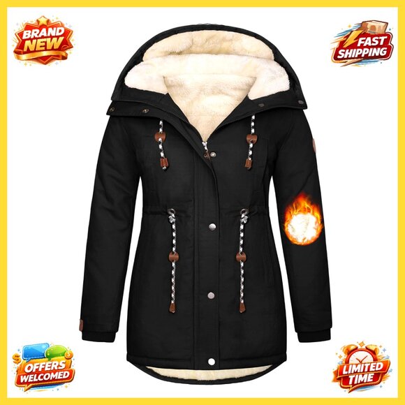 Plus Size Winter Parka Heavy Cotton Fleece Lined Hooded Coat XL-4XL
